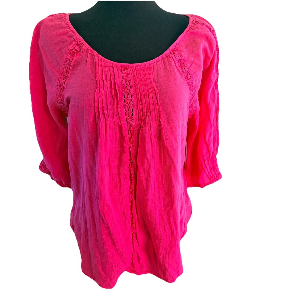 Nine West Blouse Womens L Crochet Boho Peasant Top 3/4 Sleeve  Fuchsia